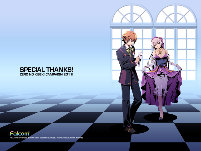 1girl 2011 bespectacled blue_background bowtie breasts brown_hair cleavage curtsey dress eiyuu_densetsu elbow_gloves elie_macdowell enami_katsumi falcom formal glasses gloves hairband high_heels jewelry lloyd_bannings long_hair necklace official_art pants purple_dress purple_hair shoes single_glove suit title_drop white_gloves window zero_no_kiseki