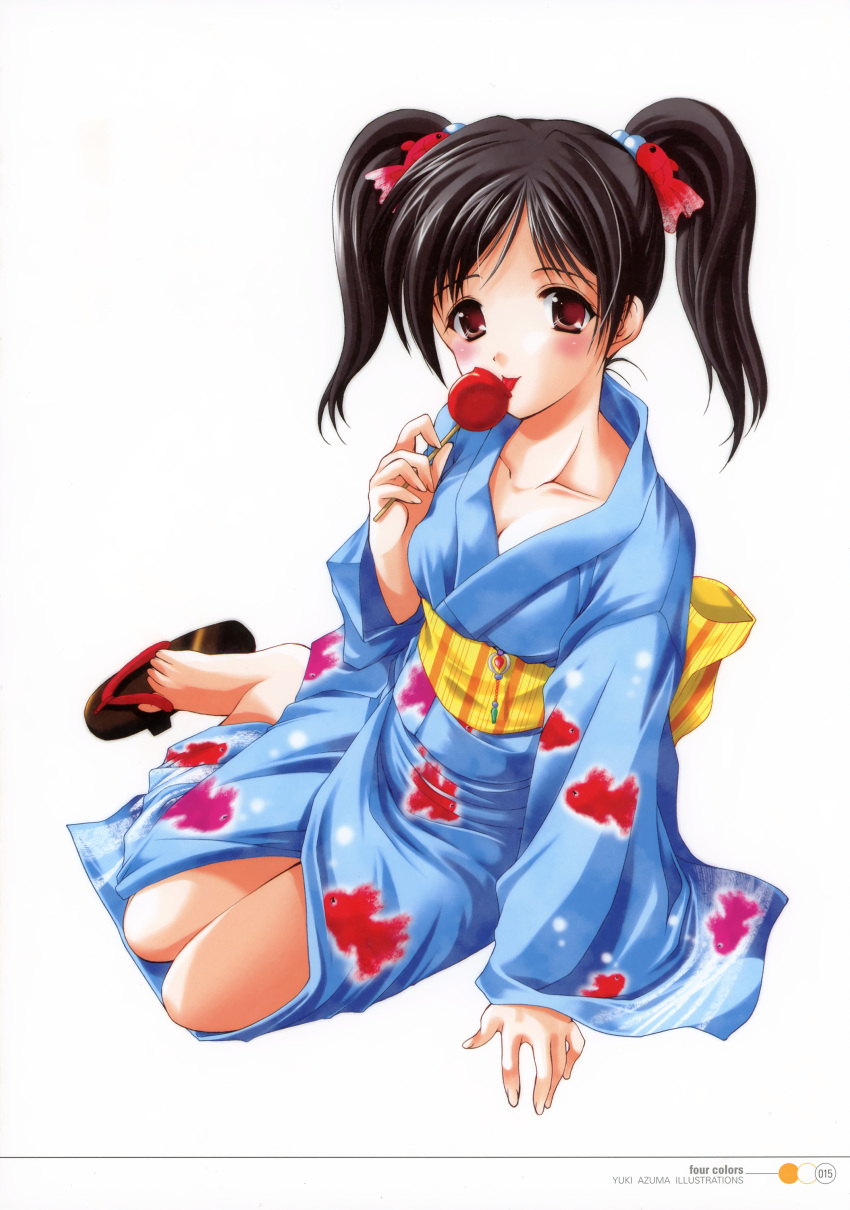 :p absurdres azuma_yuki black_hair candy_apple copyright_request eating feet food highres japanese_clothes kimono red_eyes sitting tongue twintails yukata