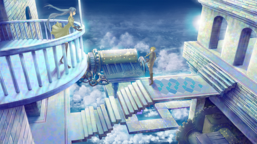 building cloud clouds gears hatsune_miku railing scenery sky stairs suishougensou vocaloid