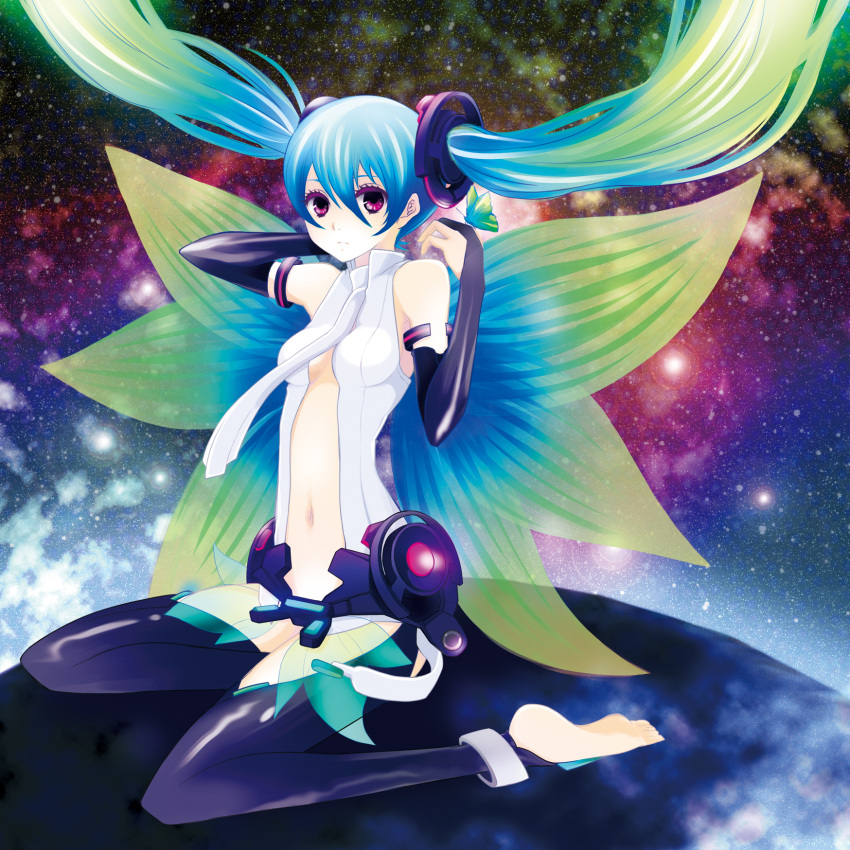 anklet aqua_hair barefoot bridal_gauntlets butterfly center_opening floating_hair hatsune_miku hatsune_miku_(append) highres jewelry long_hair looking_at_viewer miku_append navel purple_eyes revision sitting sky solo star_(sky) starry_sky thigh-highs thighhighs twintails violet_eyes vocaloid vocaloid_append wariza wings wogura