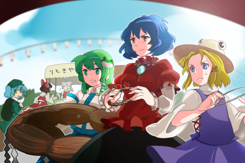 backpack bag bare_shoulders blonde_hair blue_eyes blue_hair bow brown_hair detached_sleeves festival fujiwara_no_mokou green_eyes green_hair hair_bobbles hair_bow hair_ornament hair_tubes hakurei_reimu hat iron_ring jewelry kawashiro_nitori kochiya_sanae long_hair moriya's_iron_rings moriya_suwako multiple_girls purple_hair red_eyes ring shimenawa short_hair sigh silver_hair skirt smile snake_hair_ornament stall sweatdrop touhou twintails very_long_hair wakwak wakwak_wak wide_sleeves wreath yasaka_kanako