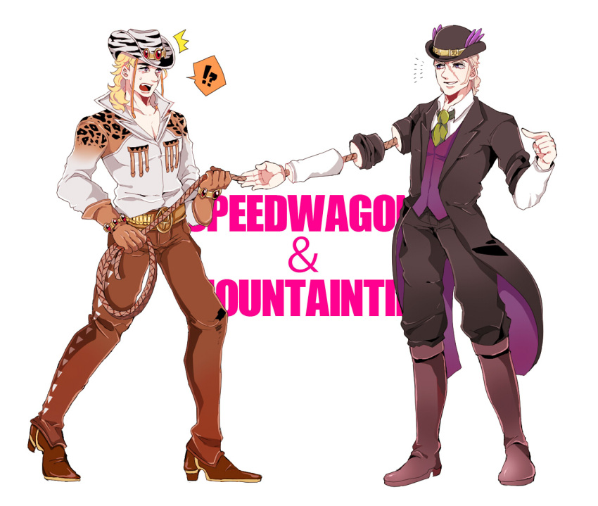 !? /\/\/\ 2boys blonde_hair boots bowler_hat character_name cosplay costume_switch cowboy cowboy_boots cowboy_hat gloves hat jojo_no_kimyou_na_bouken kisaragiyuu lasso long_hair mountain_tim_(cosplay) multiple_boys oh!_lonesome_me_(stand) robert_eo_speedwagon robert_eo_speedwagon_(cosplay) scar simple_background spurs stand_(jojo) steel_ball_run western white_background