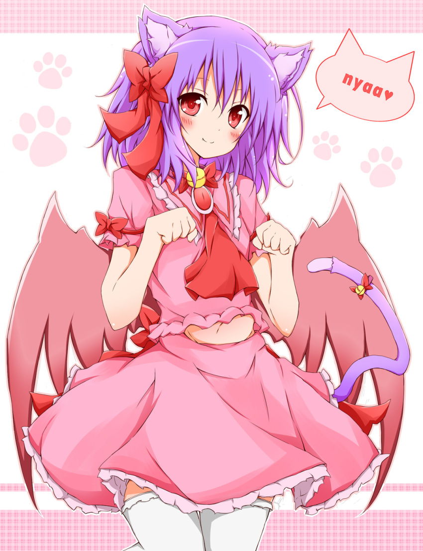 animal_ears bat_wings bell blush bow cat_ears cat_tail clenched_hands hair_bow highres karamoneeze kemonomimi_mode looking_at_viewer navel pink_eyes purple_hair red_eyes remilia_scarlet shirt skirt skirt-set smile solo speech_bubble tail tail_bell thigh-highs thighhighs touhou white_legwear wings