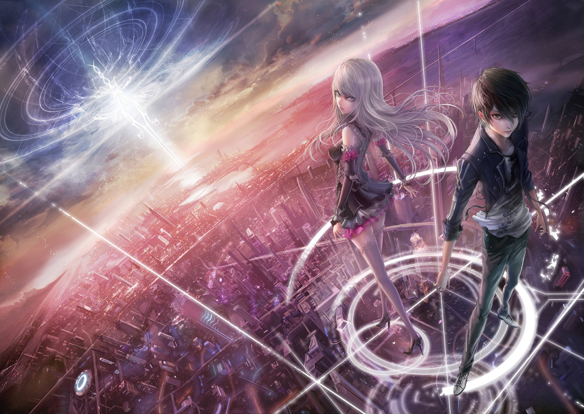 1girl black_eyes black_hair building cityscape cloud clouds dutch_angle foreshortening from_above fufu grey_eyes highres horizon jacket looking_back original scenery silver_eyes silver_hair skirt sky thigh-highs thighhighs