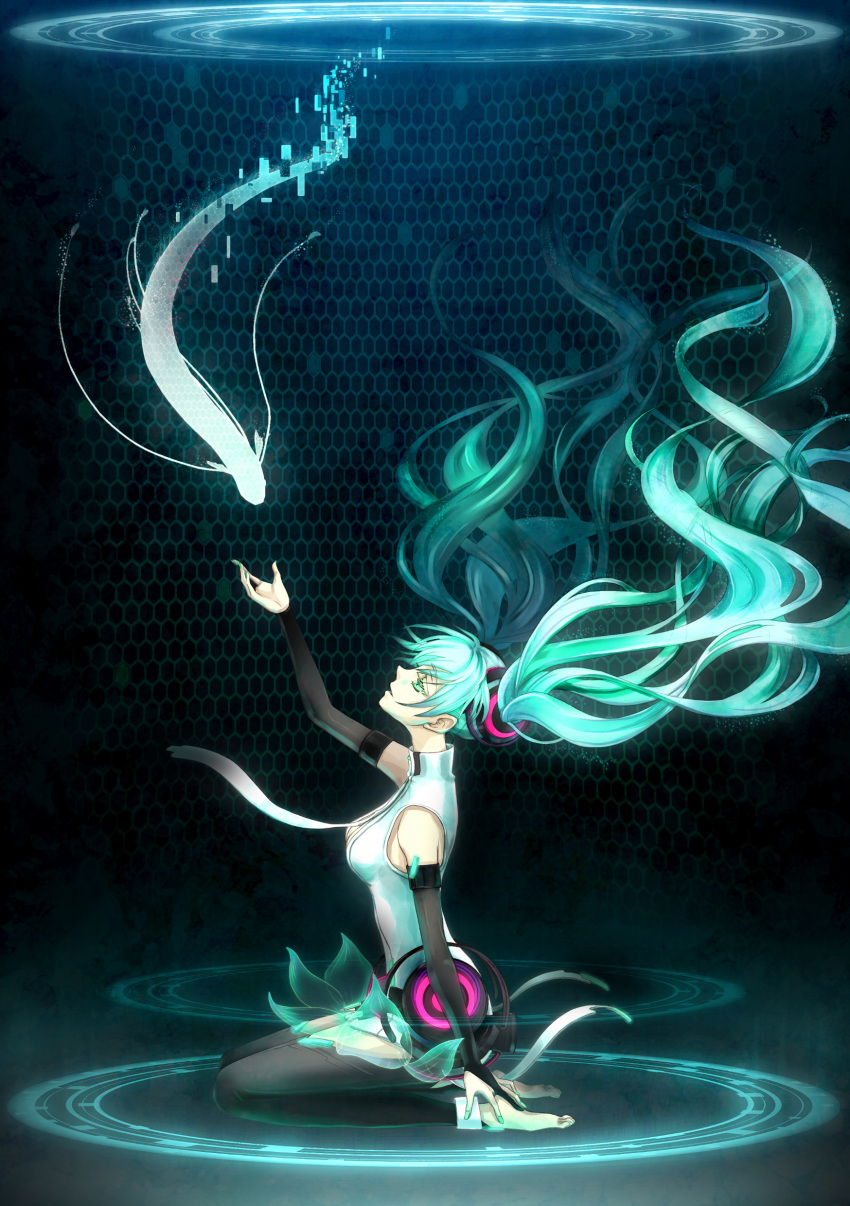 absurdres aqua_eyes aqua_hair barefoot belt bridal_gauntlets digital_dissolve elbow_gloves fingerless_gloves floating_hair gloves hatsune_miku hatsune_miku_(append) highres long_hair miku_append necktie revision seiza sitting smile solo toeless_socks twintails underwater very_long_hair vocaloid vocaloid_append yamano_uzura