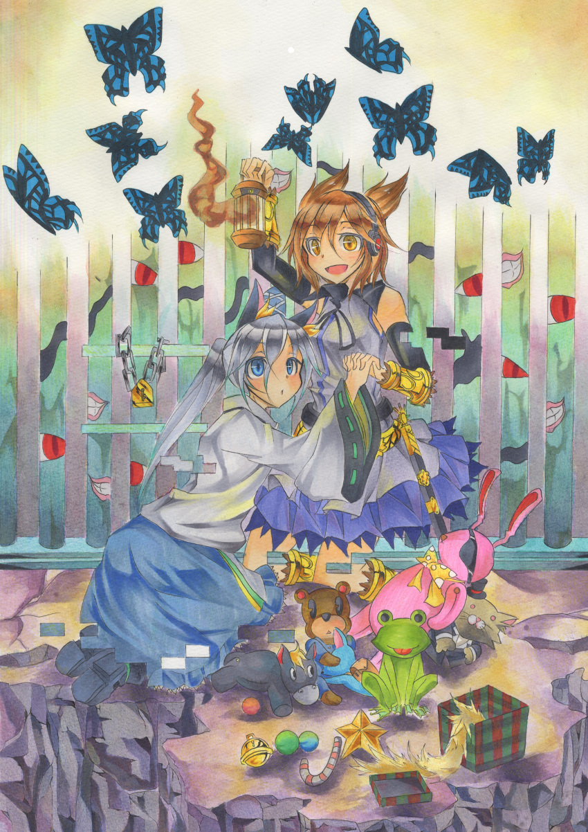 absurdres animal_ears bell blue_eyes box brown_eyes brown_hair bunny butterfly chain chains doll donkey dress earmuffs eyes frog hand_holding hat headphones highres holding_hands inui_(artist) japanese_clothes jingle_bell kariginu lantern lock long_sleeves mononobe_no_futo multiple_girls open_mouth ponytail rabbit short_hair silver_hair skirt sleeveless smile star stuffed_animal stuffed_toy tate_eboshi teddy_bear touhou toyosatomimi_no_miko traditional_media wide_sleeves