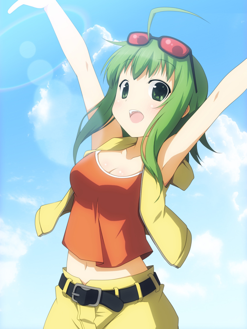 :d ahoge armpits arms_up breasts cleavage glasses green_eyes green_hair gumi highres navel open_mouth short_hair shorts sleeveless sleeveless_shirt smile solo sunglasses vocaloid yuzuki_kei
