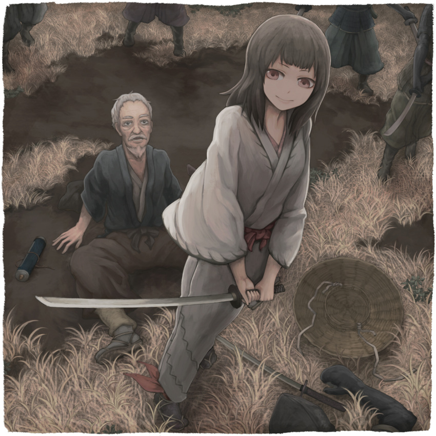 1boy 1girl beard bird brown_hair crane_(animal) facial_hair folklore goatee grass hat hat_removed headwear_removed highres katana long_hair mustache old old_man open_mouth personification red_eyes rice_hat scroll sitting smile standing sword tsuru_no_ongaeshi weapon white_hair yajirushi_(chanoma)