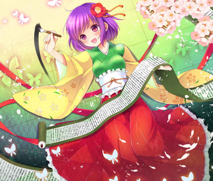 :d blush breasts butterfly calligraphy_brush flower hair_flower hair_ornament hieda_no_akyuu highres holding japanese_clothes nekosugiayana open_mouth paintbrush petals purple_eyes purple_hair scroll short_hair smile solo touhou violet_eyes
