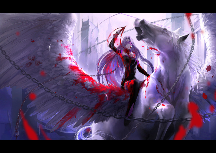 blindfold blood chain chains dagger fate/stay_night fate_(series) highres horse kzcjimmy long_hair pegasus purple_hair rider solo thigh-highs thighhighs very_long_hair weapon wings