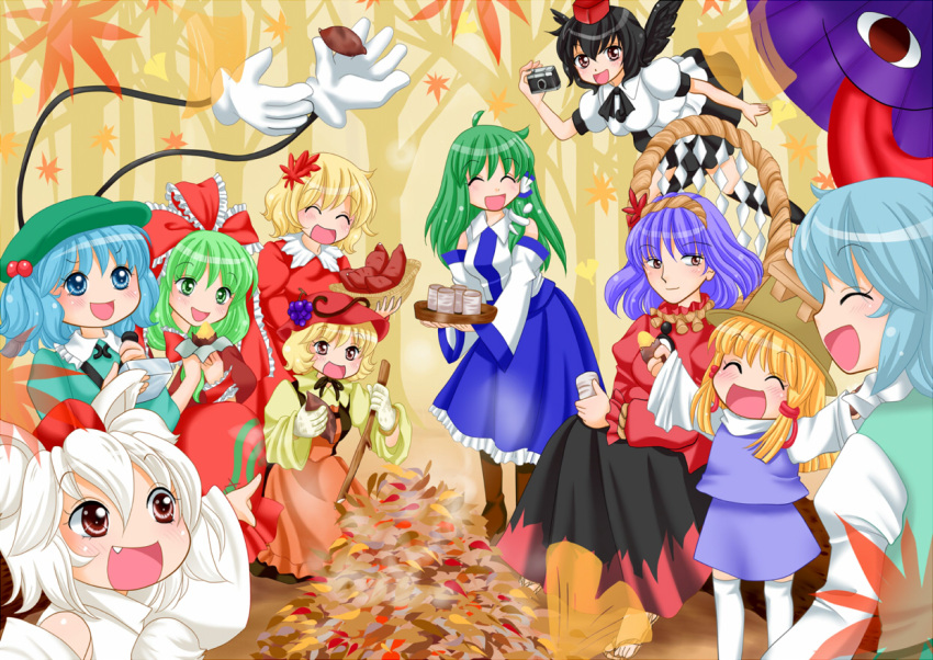 ^_^ aki_minoriko aki_shizuha animal_ears arms_up barefoot black_hair black_legwear blonde_hair blue_eyes blue_hair blush boots branch camera closed_eyes controller cup detached_sleeves extra_arms eyes_closed fang food front_ponytail fruit grapes green_eyes green_hair hair_bobbles hair_ornament hair_ribbon hair_tubes hairband hat inubashiri_momiji kagiyama_hina karakasa_obake kawashiro_nitori kochiya_sanae leaf leaf_on_head moriya_suwako mountain_of_faith multiple_girls no_socks odd_one_out onbashira open_mouth platter red_eyes remote_control ribbon sandals shameimaru_aya shimenawa short_hair siblings sisters skirt skirt_set smile snake_hair_ornament sweet_potato tatara_kogasa thigh-highs thighhighs tokin_hat tongue tongue_out touhou tray twintails two_side_up umbrella white_legwear wings wolf_ears yasaka_kanako yuzuna99