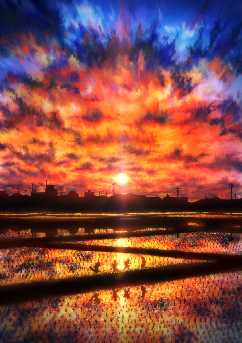 2girls cloud clouds highres landscape multiple_boys multiple_girls original red_sky reflection rice_paddy scenery silhouette sky sun sunset telephone_pole tomok1 town water