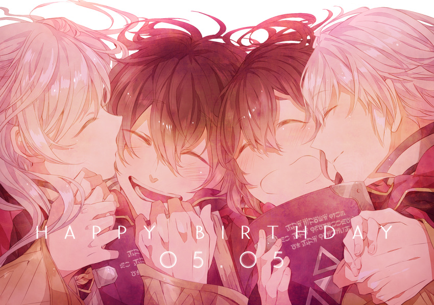2boys 2girls ^_^ a082 birthday blush book brown_hair cheek_kiss closed_eyes dated dual_persona embarrassed english father_and_daughter fingernails fire_emblem fire_emblem:_kakusei hair_between_eyes happy happy_birthday head_tilt highres holding holding_hands kiss mark_(fire_emblem) mother_and_son multiple_boys multiple_girls my_unit open_mouth short_hair smile teeth twintails wavy_hair white_background white_hair