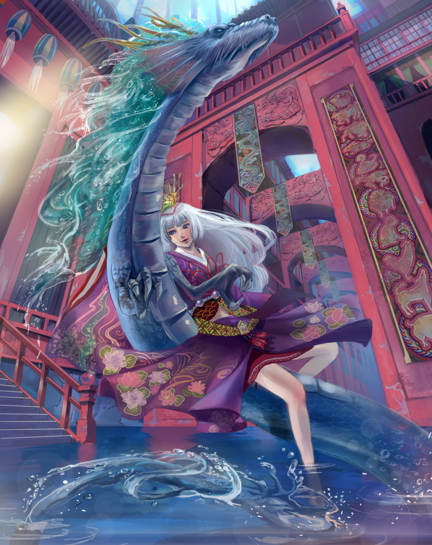 barefoot blue_eyes building crown dragon east_asian_architecture eastern_dragon highres horn long_hair original rix traditional_clothes water white_hair