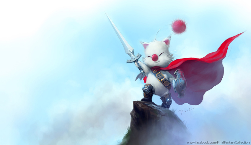 1other artist_name buckle cape cat facebook facebook_website final_fantasy moogle no_humans parody puss_in_boots randis shield smile square_enix sword weapon