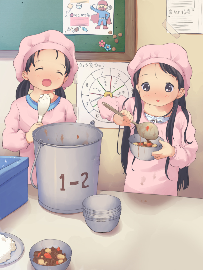 anyannko apron black_hair blush bowl curry food hat highres ladle multiple_girls open_mouth original pot rice twintails