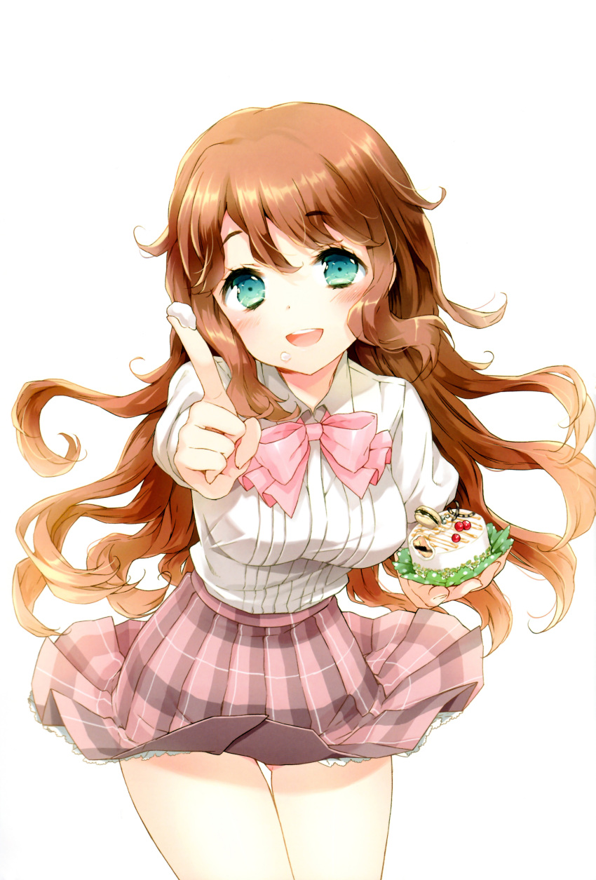 :d absurdres bow breasts brown_hair cuteg food food_on_face highres index_finger_raised kono_naka_ni_hitori_imouto_ga_iru! large_breasts leaning_forward long_hair official_art open_mouth plaid plaid_skirt pleated_skirt raised_finger scan school_uniform skirt skirt_lift smile solo tendou_mana thigh_gap