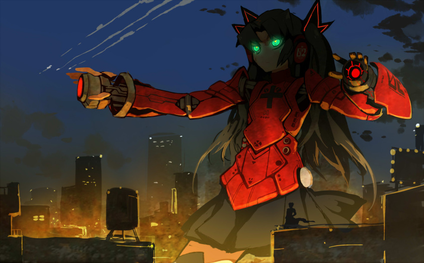 arm_cannon brown_hair fate/stay_night fate_(series) green_eyes highres mecha mechanization ratsuomo ringed_eyes silhouette skirt tohsaka_rin toosaka_rin twintails weapon