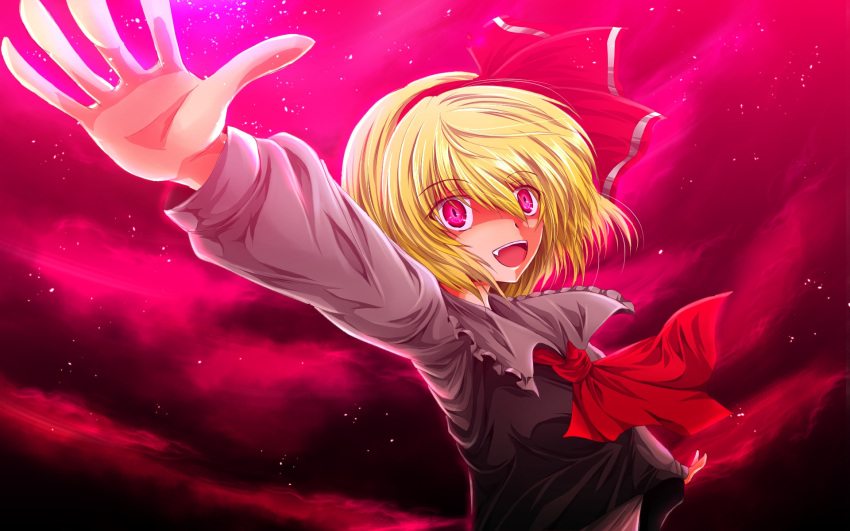 ascot aurora blush bust fang foreshortening glowing glowing_eyes hair_ribbon highres long_sleeves nekominase night open_mouth outstretched_arms pink_eyes possible_duplicate ribbon rumia shaded_eyes shirt short_hair sky smile solo star_(sky) touhou vest wind