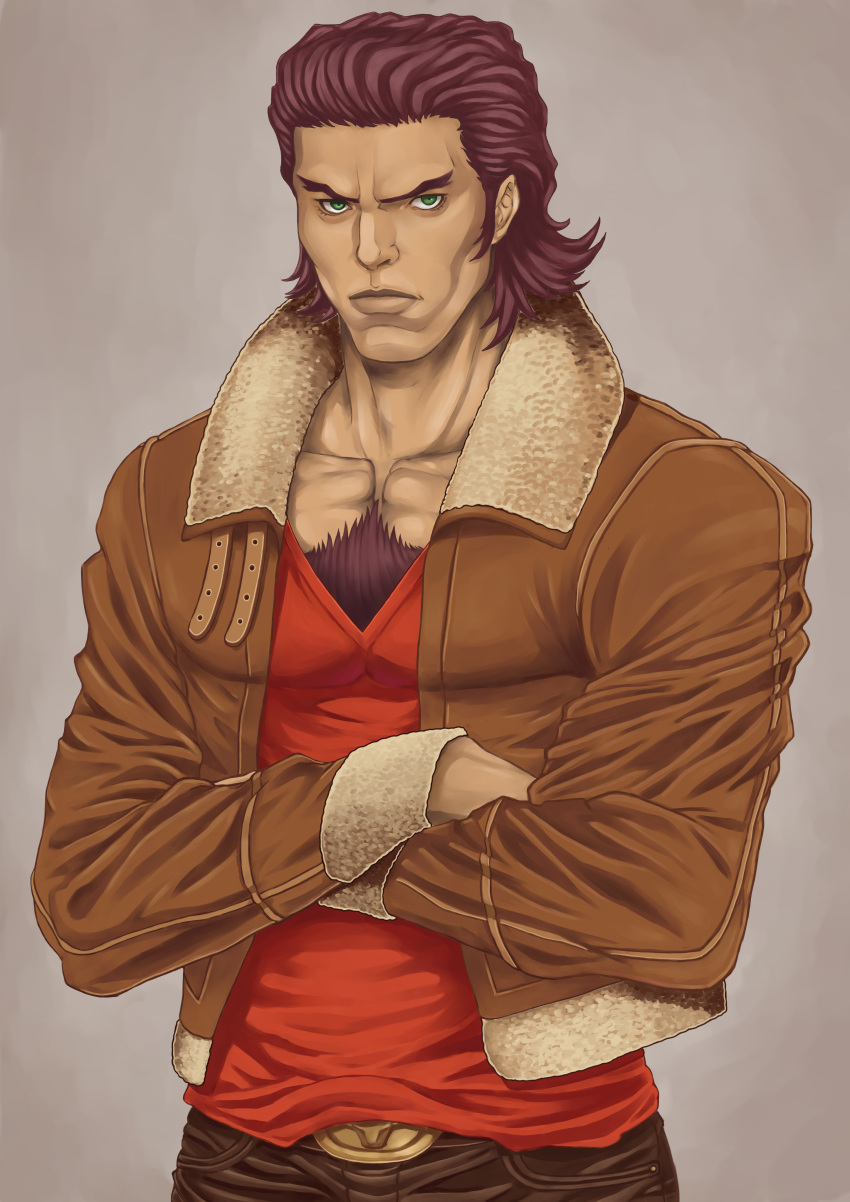 absurdres antonio_lopez brown_hair chest_hair crossed_arms dark_skin green_eyes highres manly solo tiger_&amp;_bunny v-neck ynkick1031