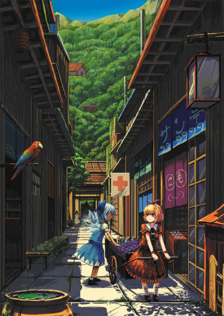 :3 animal bird blue_eyes blue_hair blush cart cirno dress forest highres inaba_tewi jar macaw medicine_melancholy multiple_girls nature outdoors parrot ranka_(tonbo) red-and-green_macaw red_cross revision scenery short_hair street torii touhou wings