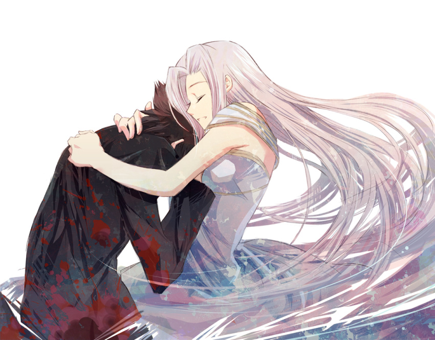 1girl black_hair blood closed_eyes comforting couple dress emiya_kiritsugu eyes_closed fate/zero fate_(series) hug husband_and_wife irisviel_von_einzbern long_coat long_hair revision short_hair triplebomber very_long_hair white_hair