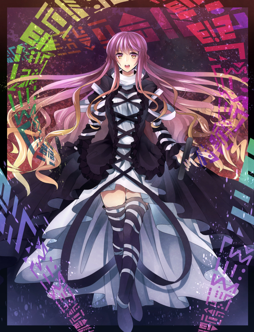 arm_ribbon black_dress black_legwear blonde_hair dress frame gradient_hair highres hijiri_byakuren juliet_sleeves koyuri_shouyu layered_dress leg_ribbon long_hair long_sleeves looking_at_viewer multicolored_hair open_mouth puffy_sleeves purple_eyes scroll solo sorcerer's_sutra_scroll thigh-highs thighhighs touhou very_long_hair violet_eyes walking white_dress yellow_eyes