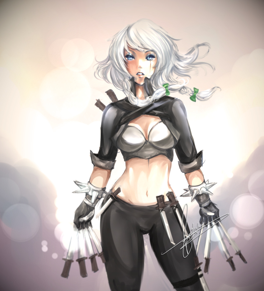 blue_eyes bow bracelet braid breasts cleavage cleavage_cutout contrapposto cosplay dated detached_sleeves dual_wielding fusion hair_bow hannah_santos highres izayoi_sakuya jewelry katarina_du_couteau katarina_du_couteau_(cosplay) knife league_of_legends midriff pants scar signature solo spiked_bracelet spikes touhou twin_braids white_hair