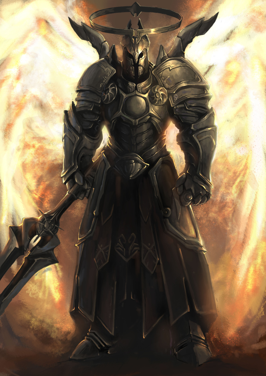 angel armor diablo diablo_3 energy_wings full_armor gauntlets halo helmet highres imperius knight solo sword weapon wings