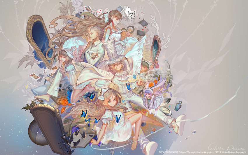 4girls alice_(wonderland) alice_in_wonderland alphonse alphonse_(white_datura) animal_ears barefoot blonde_hair book brown_hair bunny_ears card character_request crossed_arms dress elbow_gloves gloves hairband hand_to_mouth highres long_hair looking_at_viewer mad_hatter mirror multiple_boys multiple_girls open_book original playing_card pocket_watch rabbit_ears silver_hair watch white_dress white_rabbit