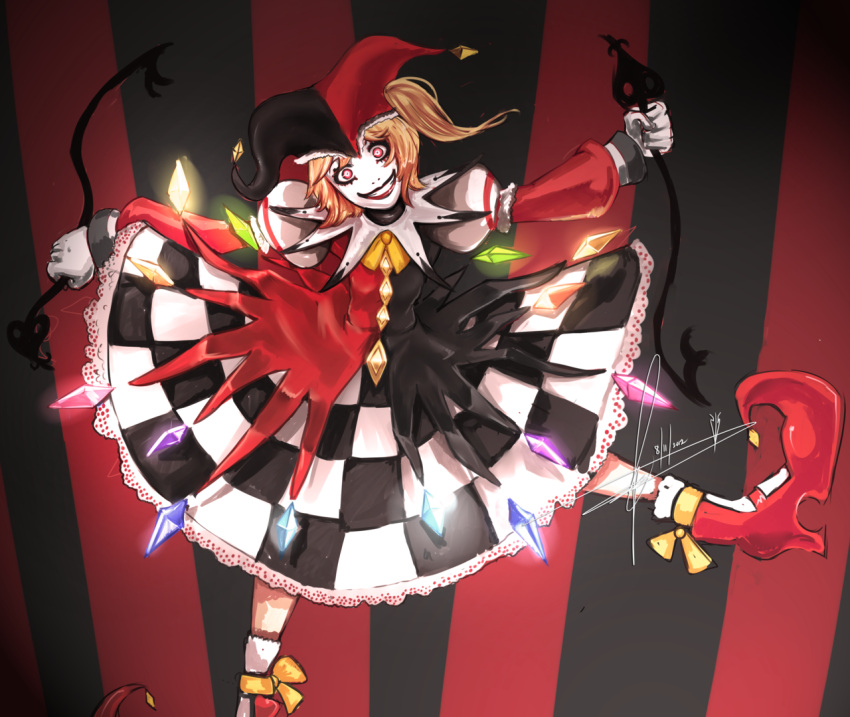 blonde_hair checkered checkered_skirt cosplay crazy_eyes dated dual_wielding facepaint flandre_scarlet fusion gem gloves grin hannah_santos hat highres jester_cap laevatein league_of_legends lipstick makeup pointy_shoes red_eyes shaco shaco_(cosplay) short_hair side_ponytail signature skirt smile solo touhou