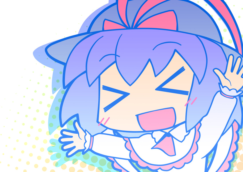 &gt;_&lt; :d arms_up blue_hair bust capelet ebizome halftone halftone_background hat highres nagae_iku open_mouth short_hair smile solo touhou xd