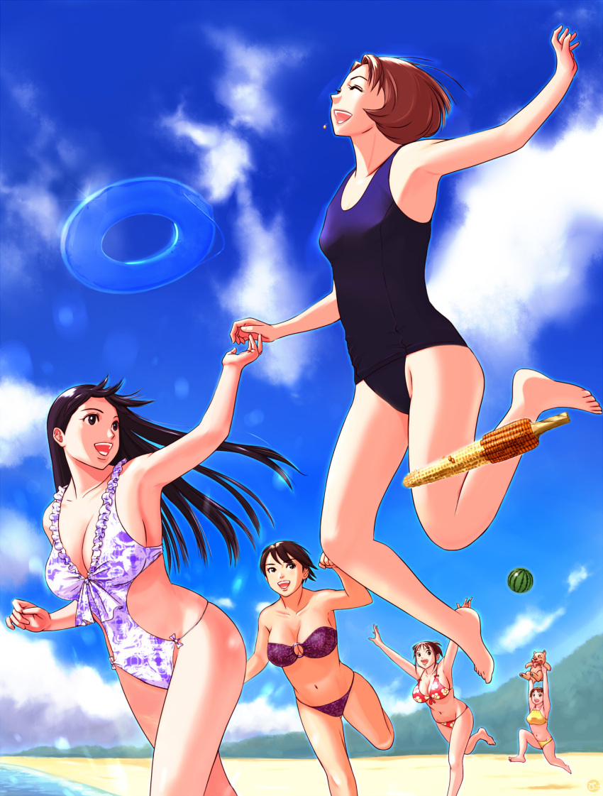 armpits arms_up bandeau barefoot beach bikini breasts brown_eyes carrying cleavage cloud clouds collarbone corn dog front-tie_top gabu highres innertube jumping large_breasts long_hair multiple_girls navel o-ring_bikini open_mouth original ponytail purple_hair running school_swimsuit shadow short_hair swimsuit tankini