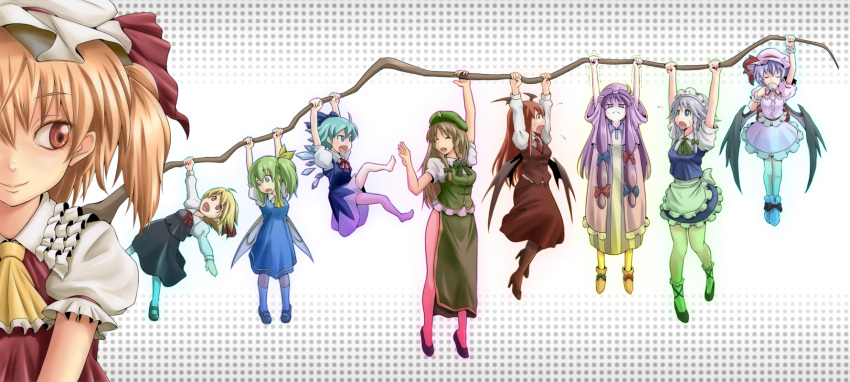 &gt;:d :&lt; :d :o ^_^ ahoge ao_usagi apron arm_up arms_up ascot bangs barefoot bat_wings beret black_legwear blonde_hair blue_dress blue_eyes blue_hair blue_ribbon blunt_bangs bow braid brown_hair china_dress chinese_clothes cirno closed_eyes colorful crescent cup daiyousei dress dress_shirt drinking everyone eyes_closed fairy_wings fang flandre_scarlet flying_sweatdrops frills giantess glowing gradient green_eyes green_hair grey_hair hair_bow hair_ribbon hanging hat hat_ribbon head_wings high_heels highres hime_cut holding hong_meiling ice ice_wings izayoi_sakuya kicking kneehighs koakuma large_bow lavender_hair long_hair long_sleeves looking_down looking_up low_wings maid maid_headdress minigirl multiple_girls necktie open_mouth outline outstretched_arms pantyhose patchouli_knowledge payot purple_dress purple_eyes purple_hair red_eyes red_hair red_ribbon redhead remilia_scarlet revision ribbon rumia shirt shoes short_hair short_sleeves side_ponytail side_slit silver_hair skirt skirt_set smile spread_arms star striped striped_dress surprised sweatdrop teacup the_embodiment_of_scarlet_devil touhou trembling twin_braids vertical_stripes very_long_hair vest violet_eyes waist_apron waving white_background white_hair white_legwear white_shirt wings wrist_cuffs
