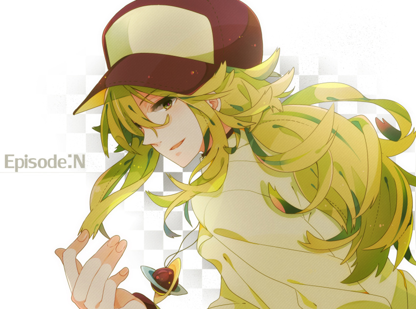 baseball_cap english green_eyes green_hair hat jewelry long_hair n_(pokemon) necklace nicole_(usako) open_mouth pokemon pokemon_(game) pokemon_bw2 smile solo