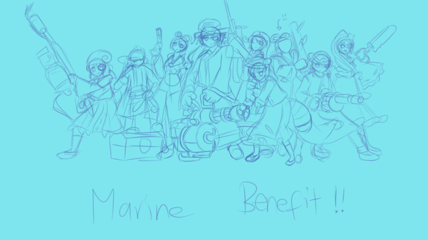 amazu_mio animal_ears aqua blue blue_hair crossover flandre495 gun hat long_hair marine_benefit multiple_girls original parody ponytail rifle saw shindou_kasumi short_hair sketch sketchy smile star team_fortress_2 the_demoman the_engineer the_heavy the_medic the_pyro the_scout the_sniper the_soldier the_spy touhou very_long_hair weapon yaobi_megumi yaobi_mikoto
