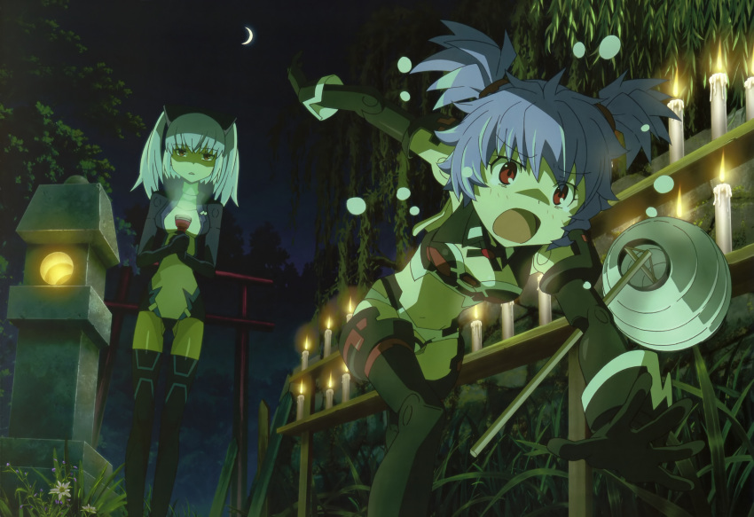 absurdres altines black_legwear busou_shinki candle doll_joints elbow_gloves flashlight from_ground gloves highres kimodameshi lantern moon multiple_girls night night_sky nyantype official_art open_mouth paper_lantern purple_hair red_eyes short_hair short_twintails sky stone_lantern strarf thigh-highs thighhighs torii twintails willow
