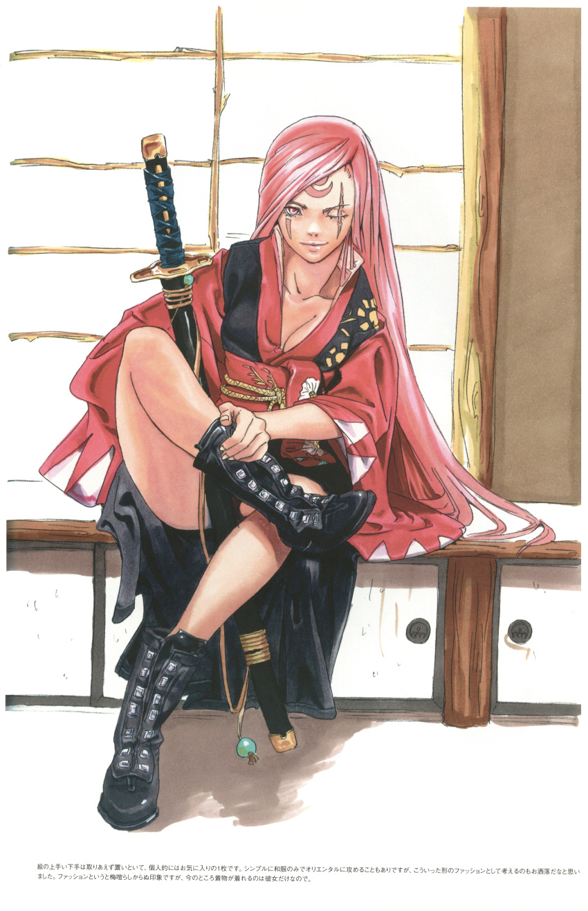 1girl absurdres amputee arc_system_works artbook baiken boots breasts cleavage crossed_legs guilty_gear hair_down highres ishiwatari_daisuke japanese_clothes kataginu katana kimono long_hair looking_at_viewer obi official_art one-eyed open_kimono open_shoes pink_eyes pink_hair scan scar sheath sheathed sitting smile solo sword tattoo very_long_hair weapon