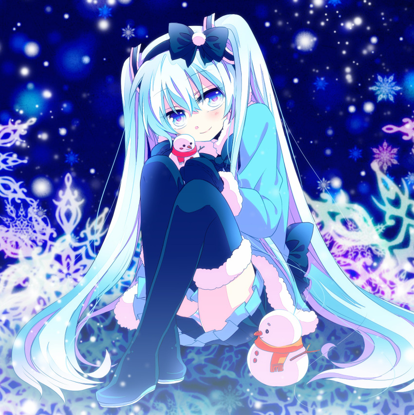 aplerichi blue_eyes blue_hair boots earmuffs hatsune_miku highres long_hair looking_at_viewer mittens panties pantyshot pantyshot_(sitting) scarf sitting skirt smile snow snowflakes snowman solo striped striped_panties thigh-highs thigh_boots thighhighs twintails underwear very_long_hair vocaloid yuki_miku