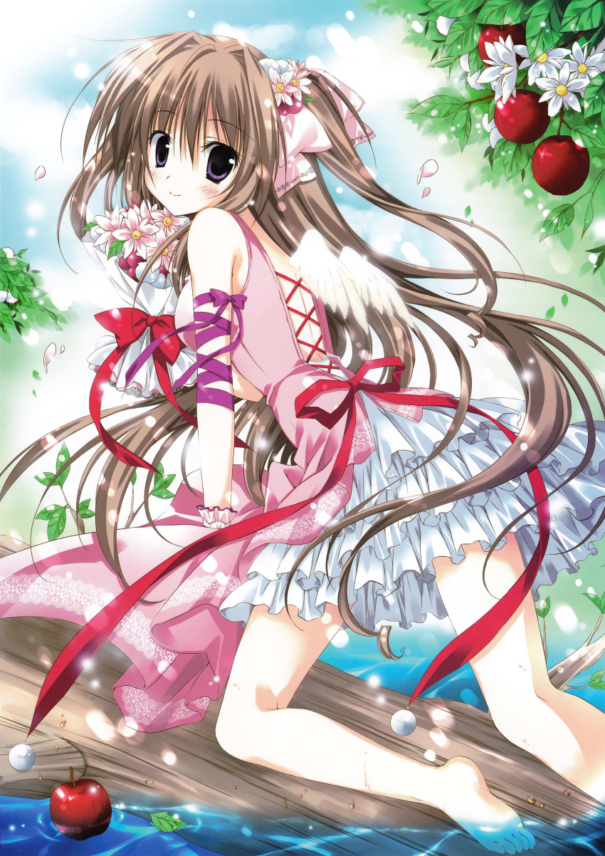 absurdres apple arm_ribbon barefoot bouquet brown_hair copyright_request dress floating flower food fruit highres kneepits korie_riko leaf legs log long_hair one_side_up petals purple_eyes ribbon small_wings smile solo very_long_hair violet_eyes white_wings wings