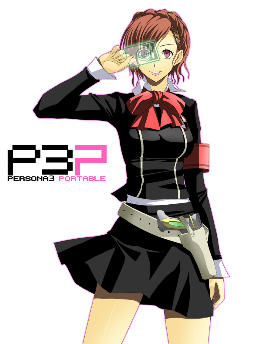 bow brown_hair card evoker female_protagonist_(persona_3) gun highres ichimedoo persona persona_3 persona_3_portable red_eyes revision ribbon school_uniform short_hair smile solo weapon