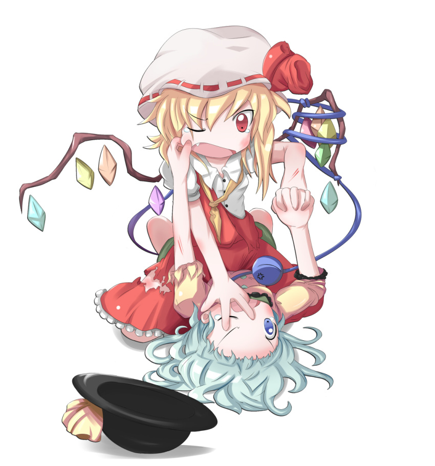 angry blonde_hair blue_eyes blue_hair catfight fighting flandre_scarlet hand_on_another's_face hand_on_another's_face hat highres komeiji_koishi lying multiple_girls red_eyes sugi222 tears third_eye torn_clothes touhou wings