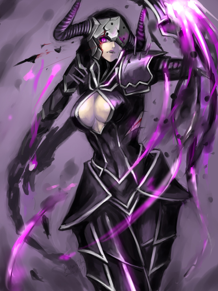 aleron armor blood breasts broken_armor cleavage cleavage_cutout fangs faulds full_armor helmet highres horns kumiko_(aleron) large_breasts league_of_legends one_eye_covered pauldrons purple_eyes shyvana solo spikes violet_eyes