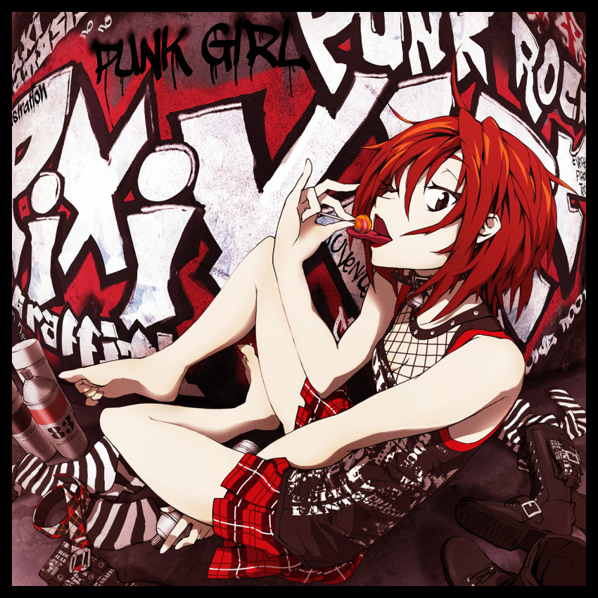 1girl belt boots brown_eyes candy collar eating english fishnet fishnets food girl graffiti highres legwear licking lolipop lollipop masariro microphone open_mouth original pixiv pixiv_punk_and_rock plaid plaid_skirt punk red_eyes red_hair redhead revision short_hair sitting skirt socks solo spray_paint stockings striped stripes thighhighs tongue tongue_out wink