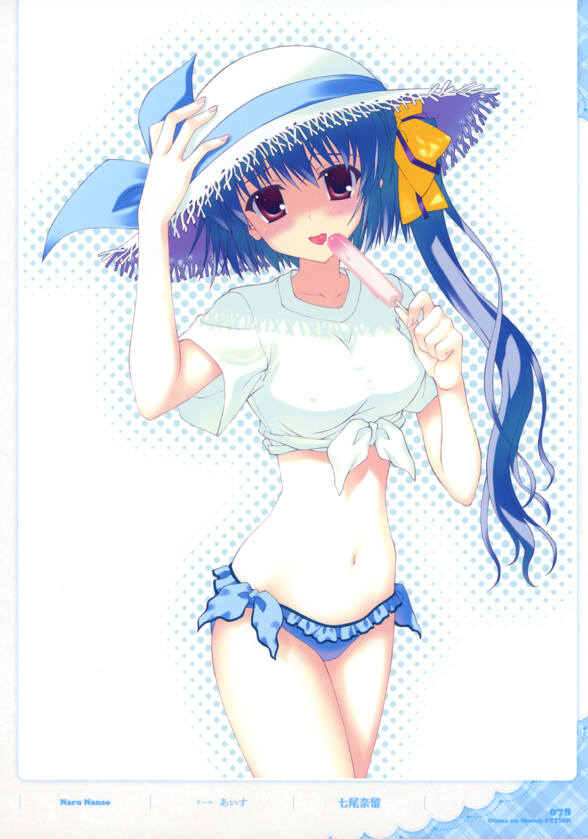 absurdres adjusting_hat bikini_bottom blue_hair copyright_request erect_nipples frills front-tie_top hat highres nanao_naru popsicle purple_eyes side_ponytail straw_hat sun_hat taut_shirt tied_shirt tongue violet_eyes