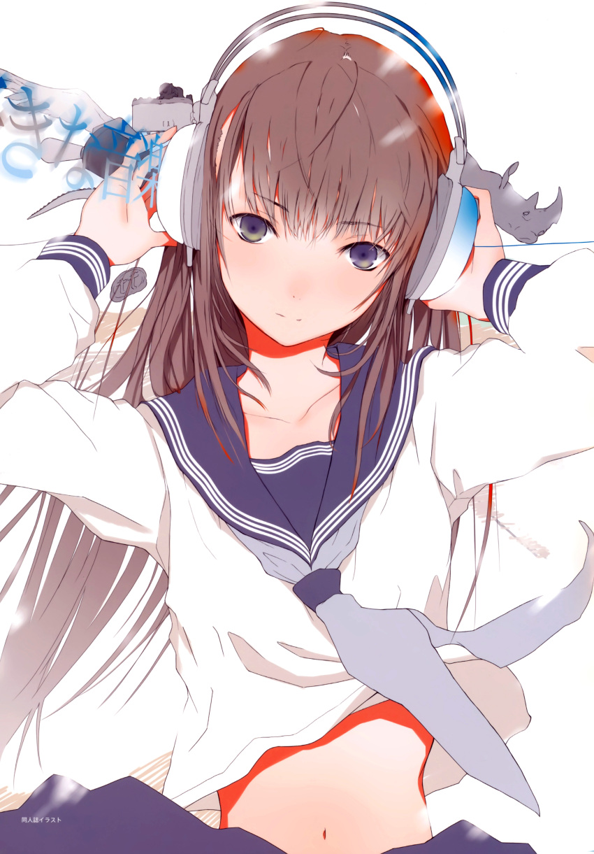 absurdres arms_up brown_hair bust collarbone fuyuno_haruaki hands_on_headphones headphones highres long_hair midriff navel original rhinoceros scan school_uniform serafuku solo