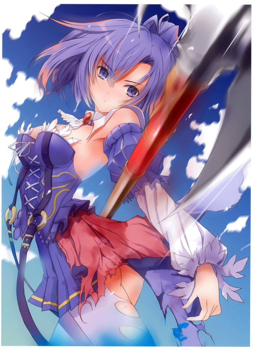 absurdres ascot ass blue_sky breasts brooch cleavage cloud clouds corset detached_sleeves fuyuno_haruaki highres jewelry motion_blur original pantyhose polearm poleaxe ponytail purple_eyes purple_hair scan skirt sky solo torn_clothes torn_pantyhose violet_eyes weapon white_legwear
