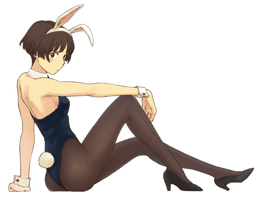 1girl animal_ears arm_support ass bare_shoulders blush bob_cut brown_eyes brown_hair bunny_ears bunny_tail bunnysuit face gake_no_ue_no_ponyo hands high_heels jas pantyhose rabbit_ears revision risa_(ponyo) shoes short_hair simple_background sitting solo tail wrist_cuffs