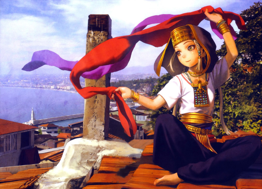 barefoot bracelet braid character_request cityscape cop_craft:_dragnet_mirage_reloaded earrings flat_chest green_eyes hat highres indian_style jewelry long_hair murata_renji necklace rooftop scarf single_braid sitting solo stitched tilarna_exedilika wind_lift