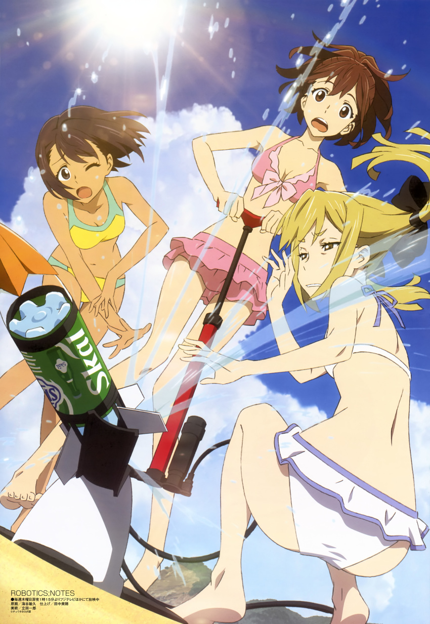 absurdres barefoot bikini blonde_hair bottle_rocket brown_eyes brown_hair cloud clouds daitoku_junna feet highres koujiro_frau legs long_hair megami multiple_girls official_art open_mouth robotics;notes senomiya_akiho short_hair sky sun swimsuit twintails wink